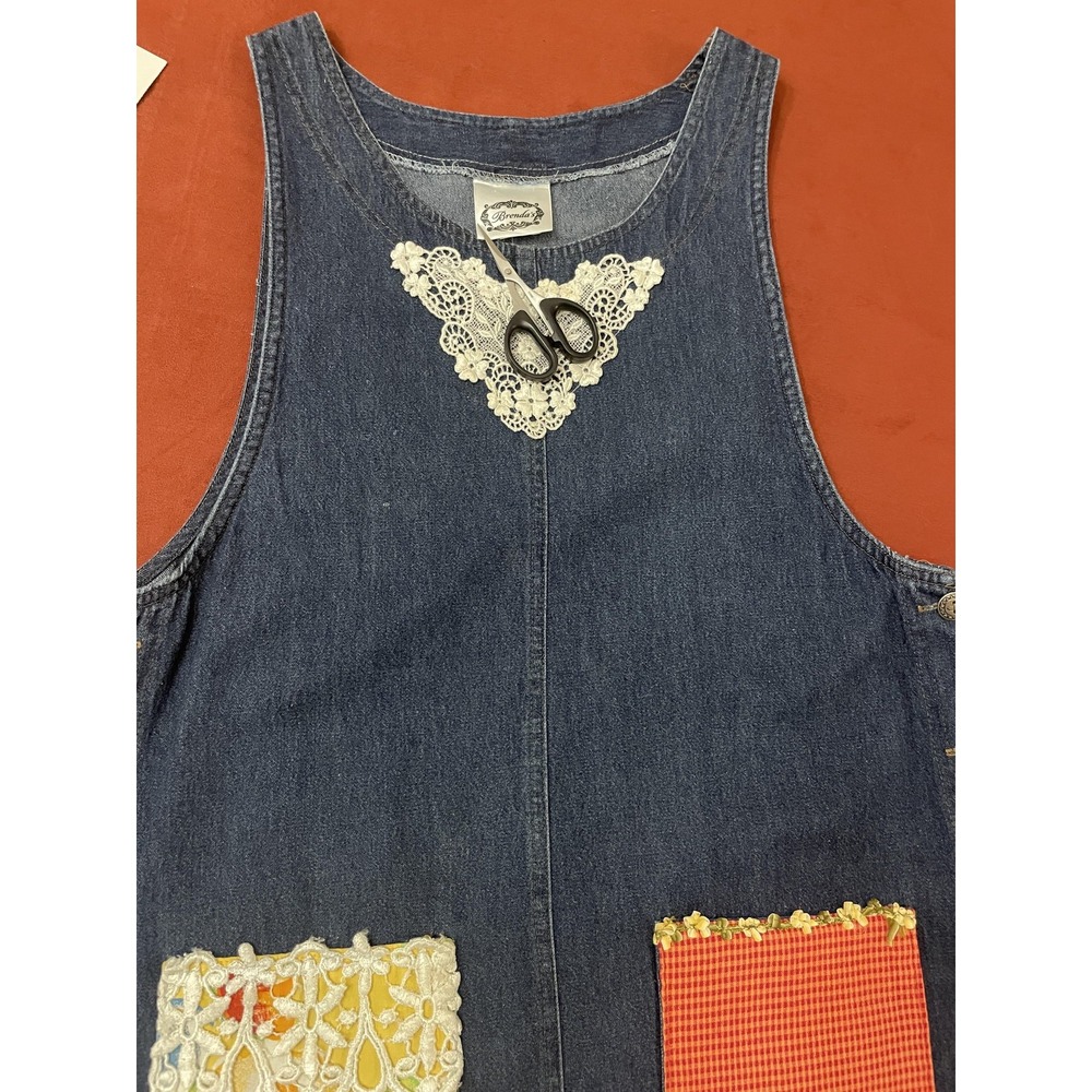 Brenda's Dress Womens M Blue Denim Patchwork Jumper Overall Maxi Pockets Boho